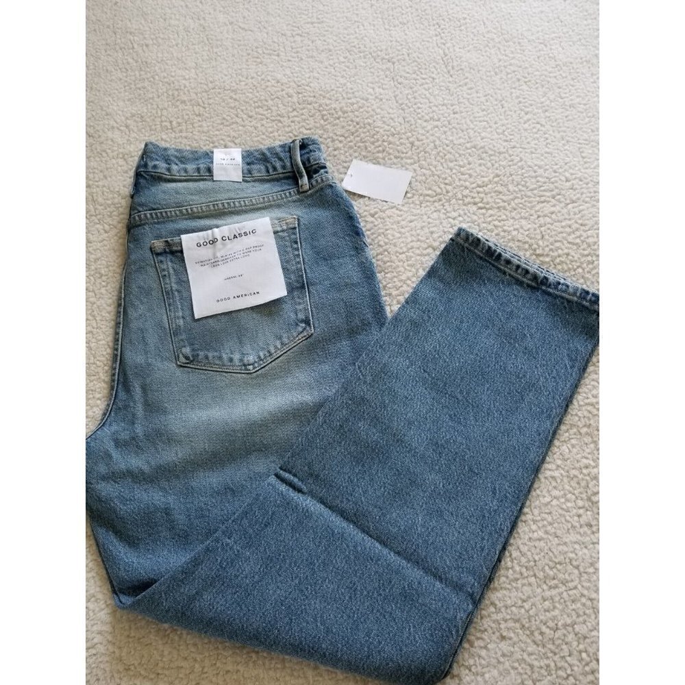 Good American Good Classic Skinnyish Fit Distress Indigo Hi-Rise Jeans Sz 14/32